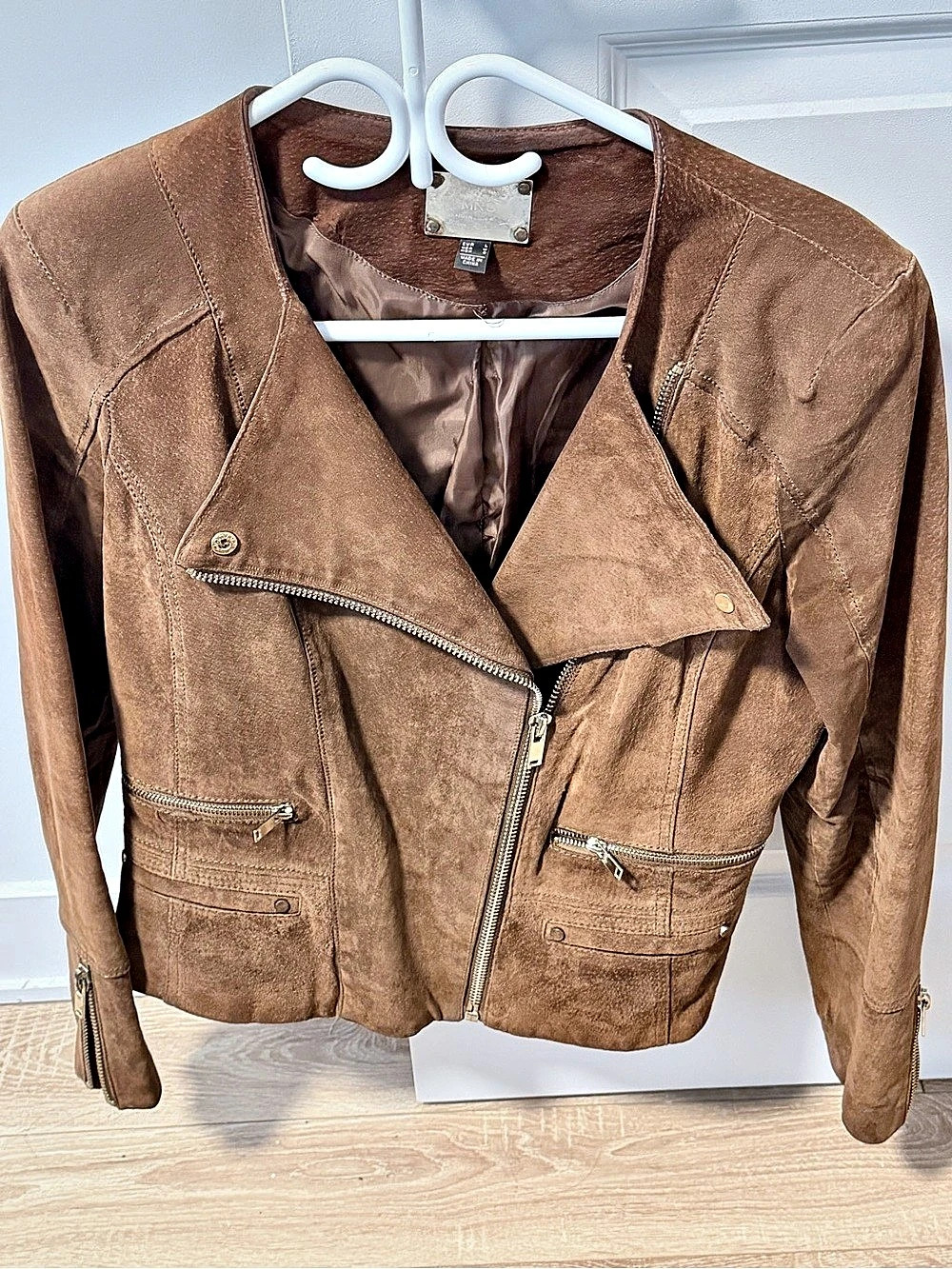 MNG Women's Brown Leather Moto Jacket Size Large
